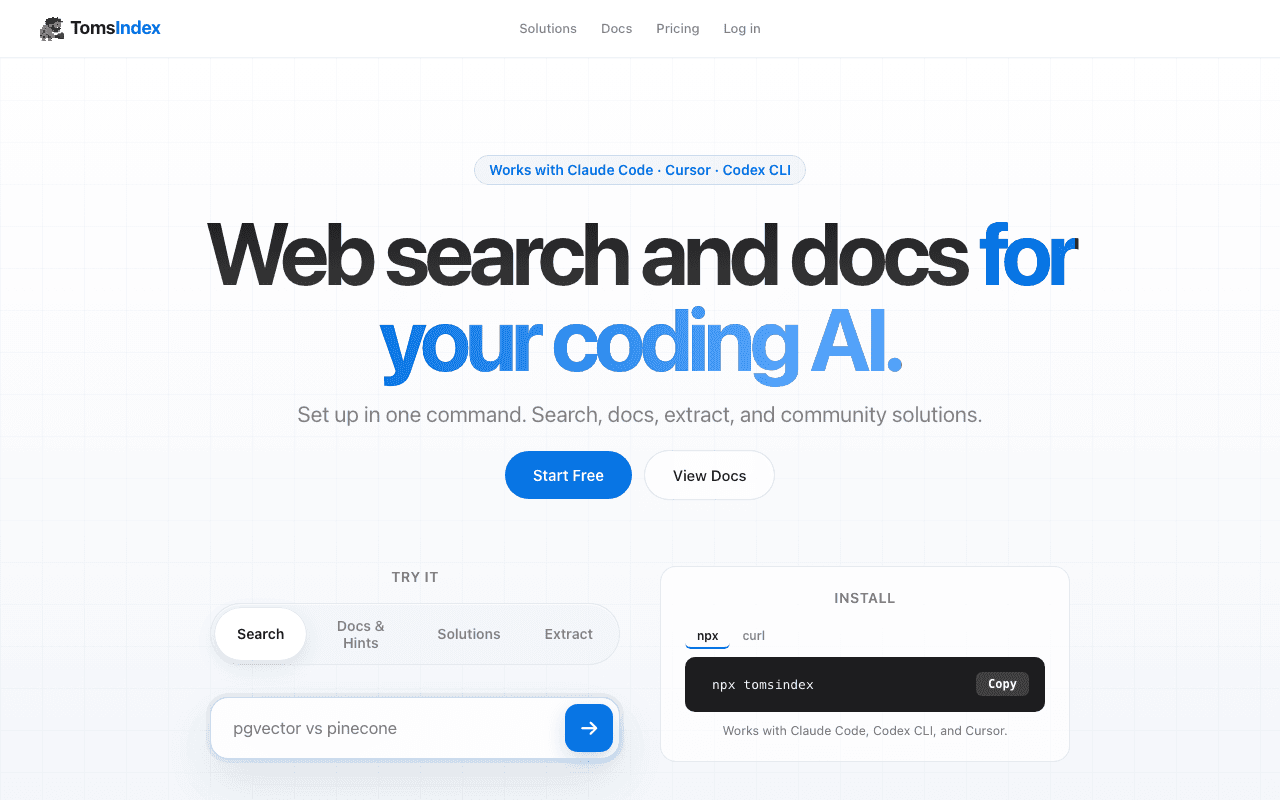 Tomsindex landing page screenshot being tested